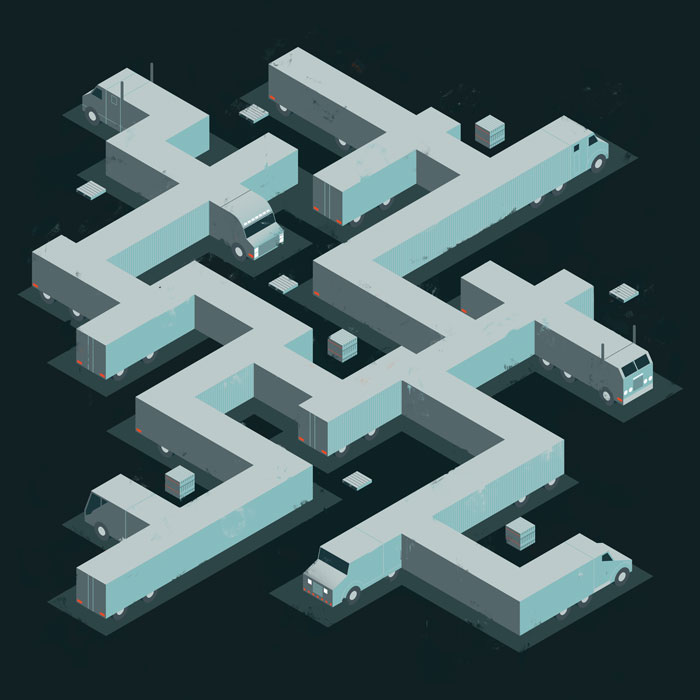 Editorial illustration showing trucking logistics as a complex maze.